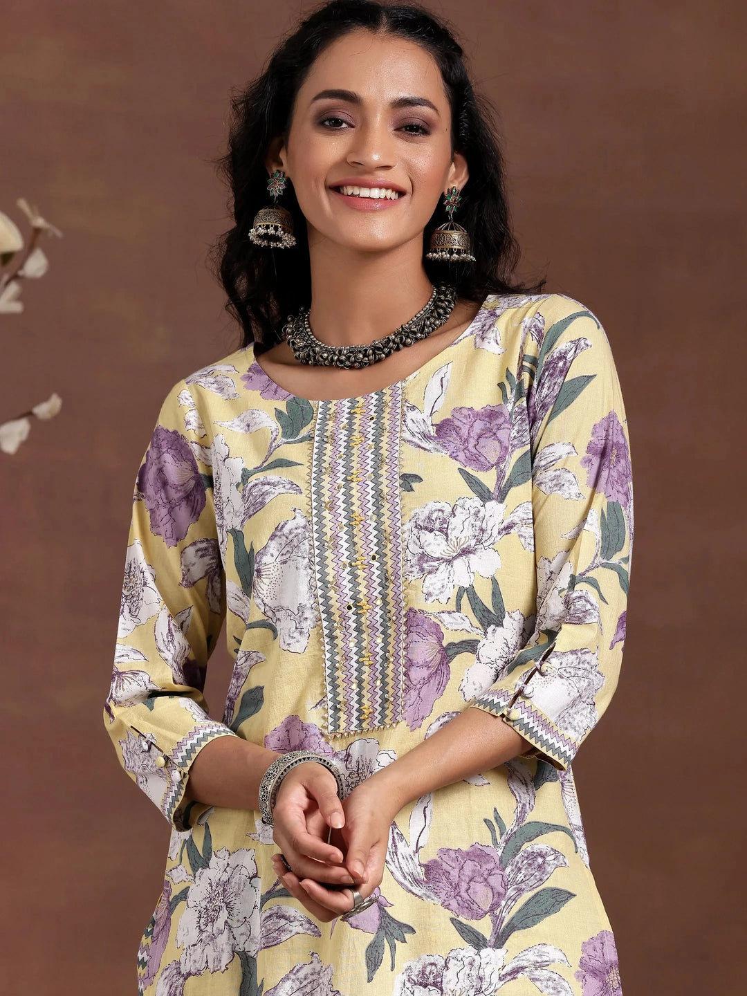 Yellow Printed Cotton Straight Kurta Set