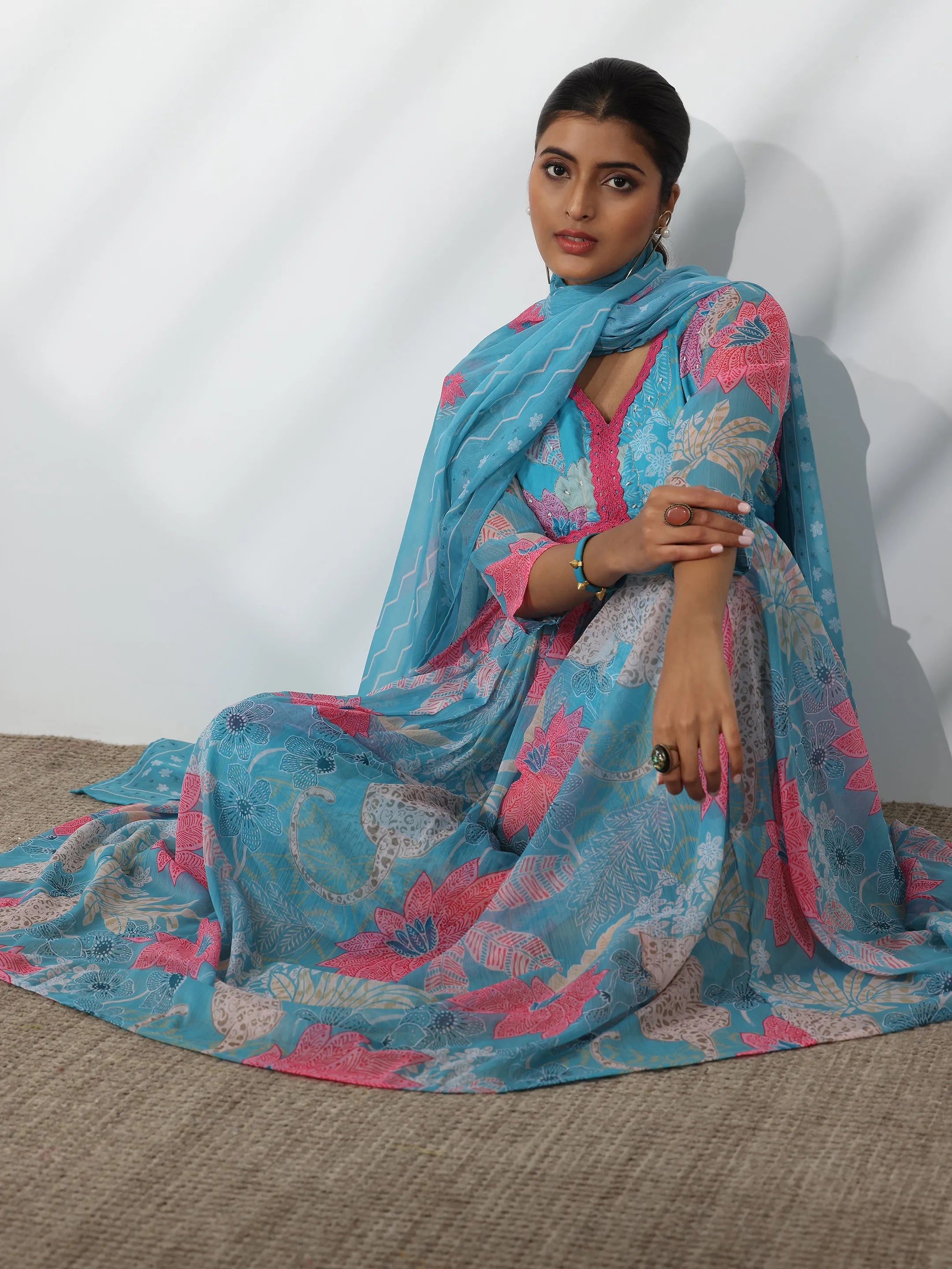 Blue Printed Poly Chiffon A-Line Kurta With Palazzos & Dupatta Online at Rs.2399 | Libas