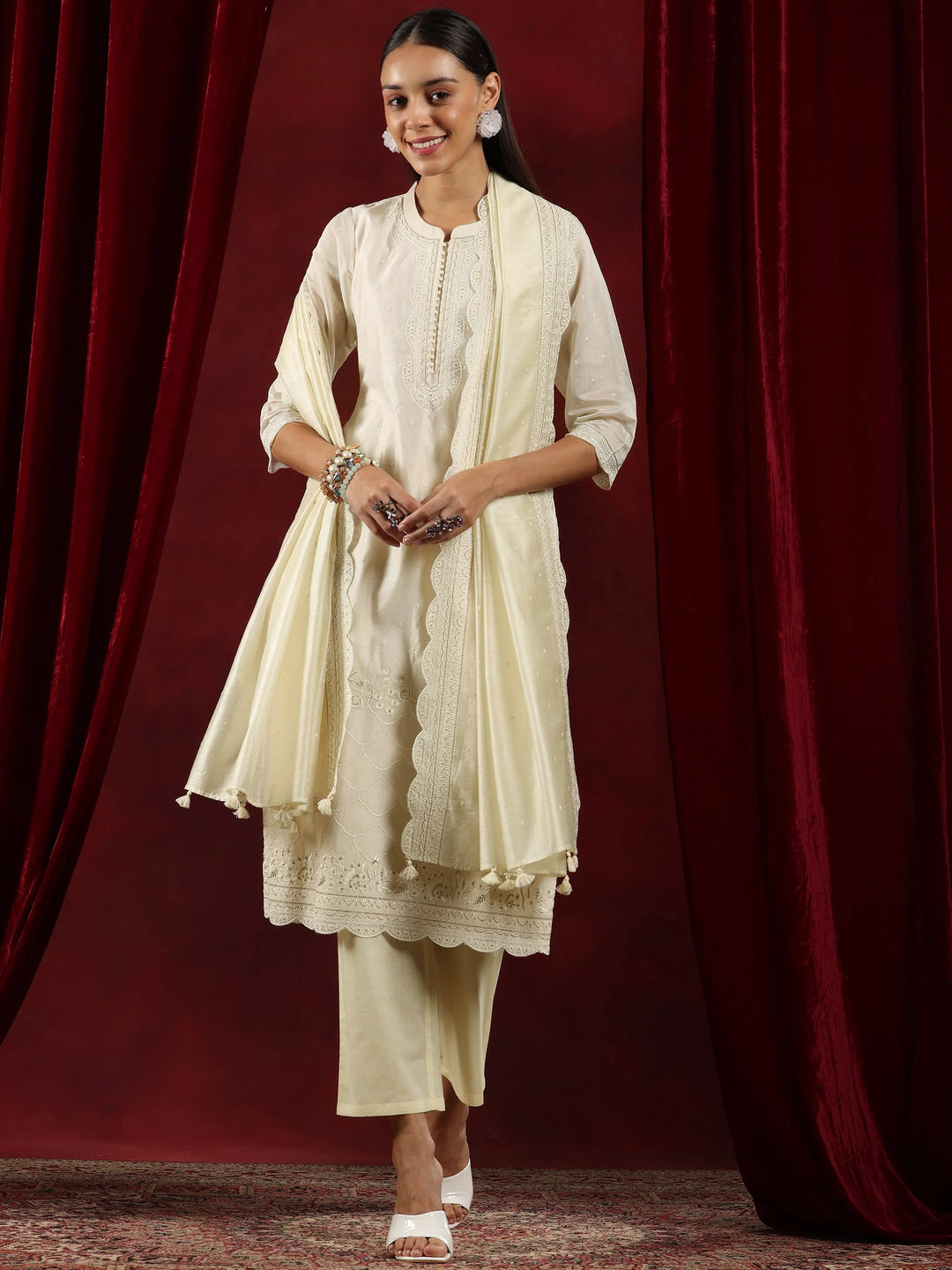 Libas Art Off White Embroidered Chanderi Silk Straight Suit With Dupatta