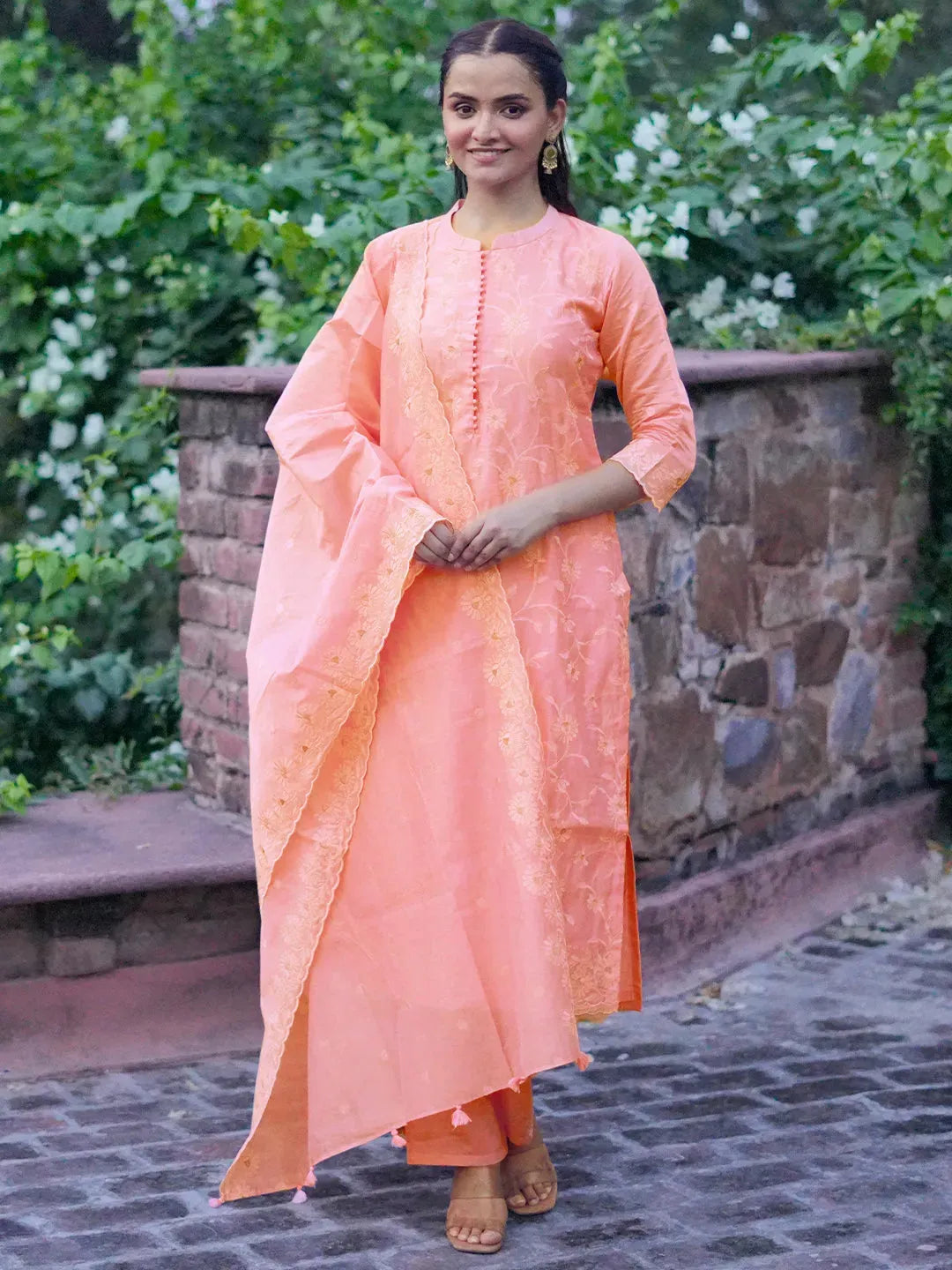 Libas Art Pink Embroidered Chanderi Silk Straight Suit With Dupatta