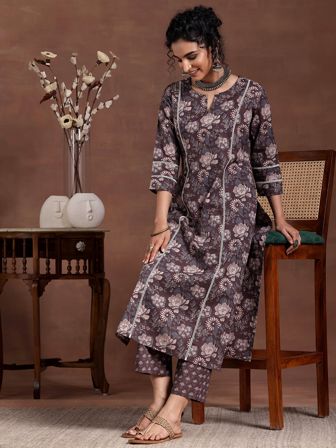 Libas Brown Printed Cotton Straight Kurta Set