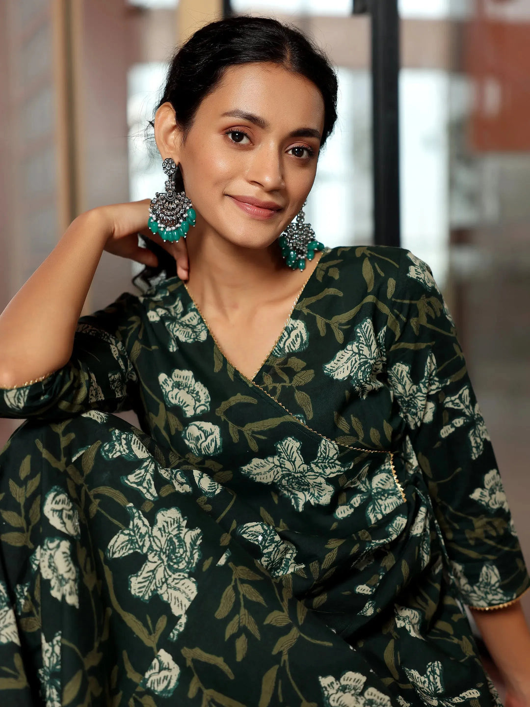 Green Printed Cotton Anarkali Kurta Set