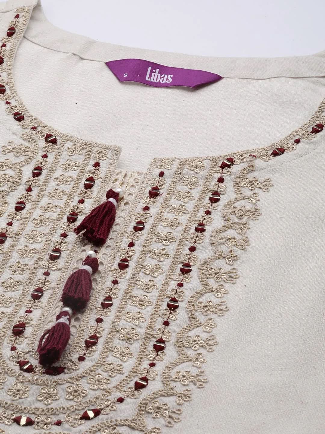 Off White Yoke Design Cotton Straight Kurta - Libas