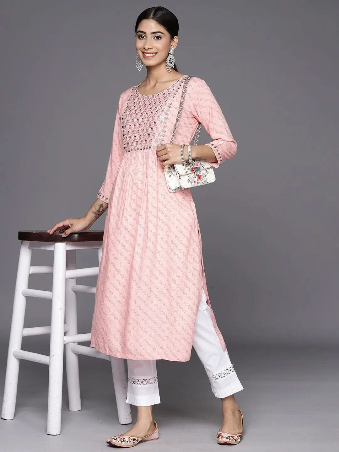 Pink Printed Rayon Straight Kurta - Libas