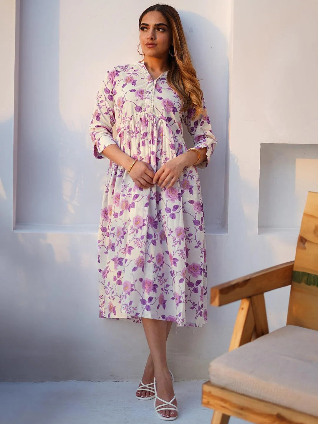 Off White Printed Cotton Fit and Flare Dress Online at Rs.934 | Libas