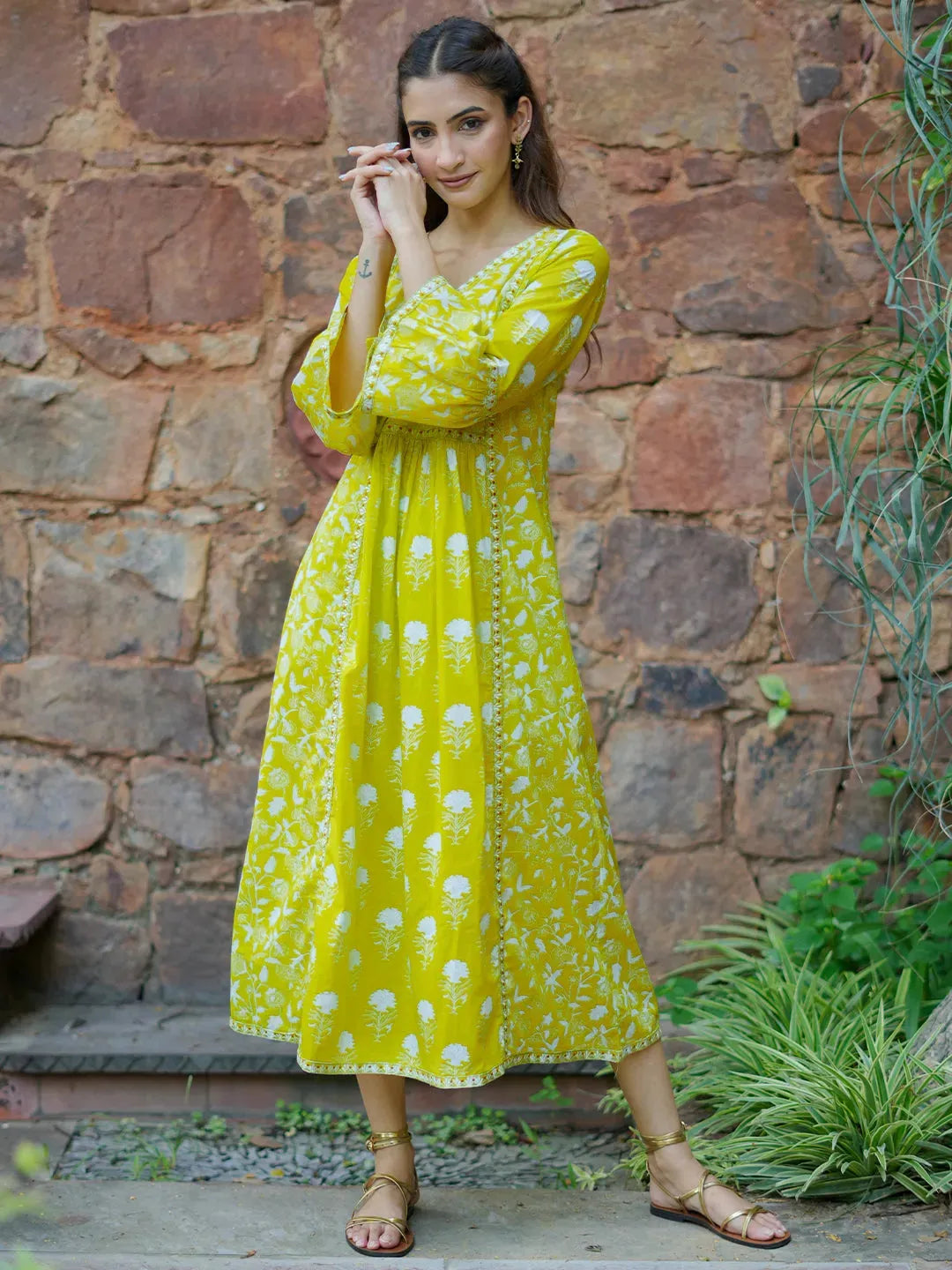 Buy Neon Green Printed Cotton A-Line Dress Online at Rs.699 | Libas Buy Neon Green Printed Cotton A-Line Dress Online at Rs.699 | Libas