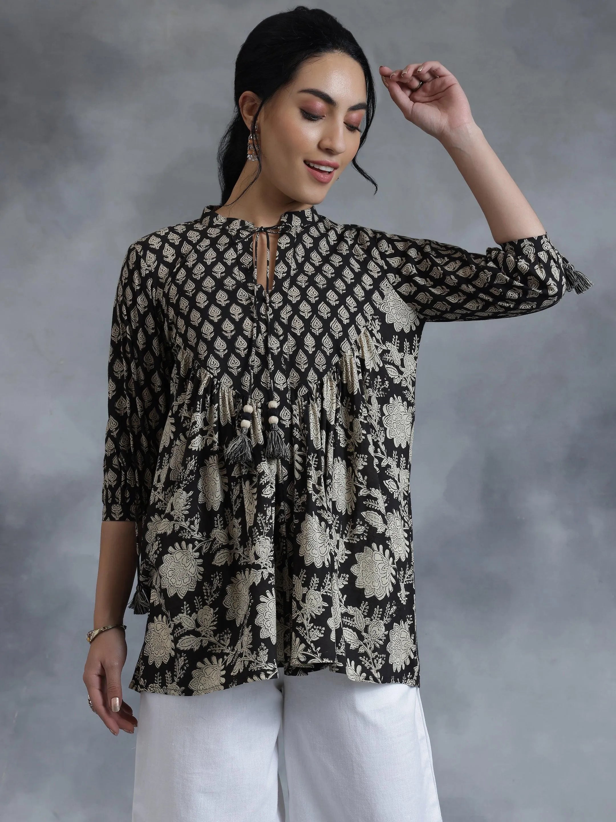 Black Printed Cotton A-Line Kurti Online at Rs.559 | Libas