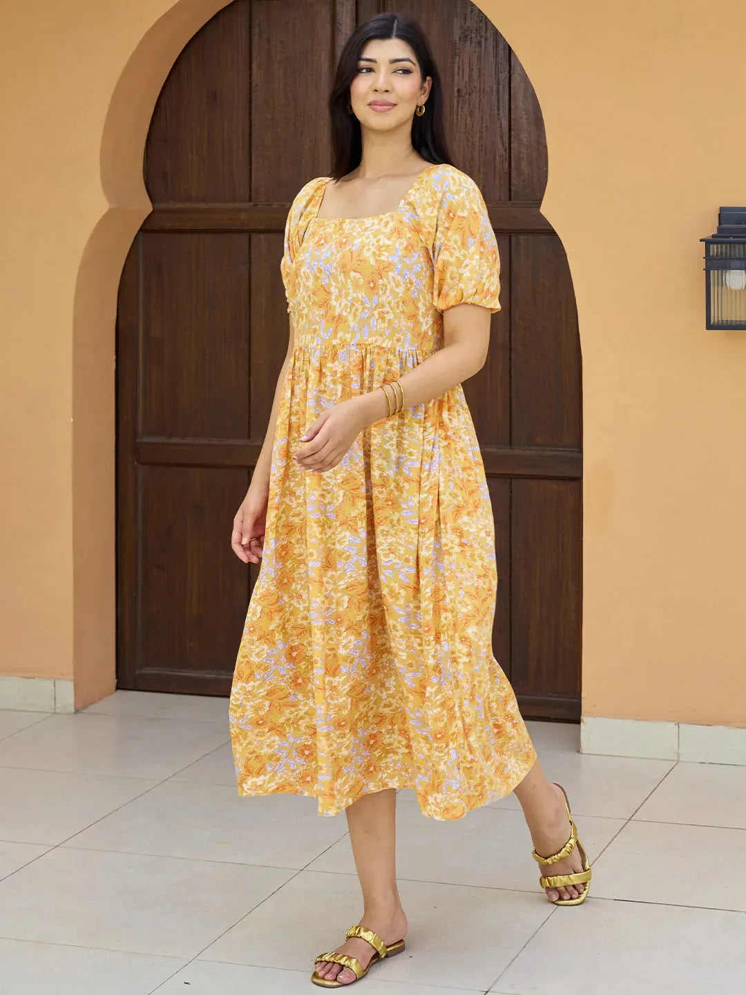 Buy Yellow Printed Rayon Fit and Flare Dress Online at Rs.699 | Libas Buy Yellow Printed Rayon Fit and Flare Dress Online at Rs.699 | Libas