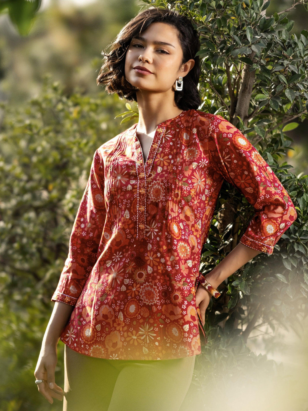 Red Printed Silk Blend A-Line Kurti