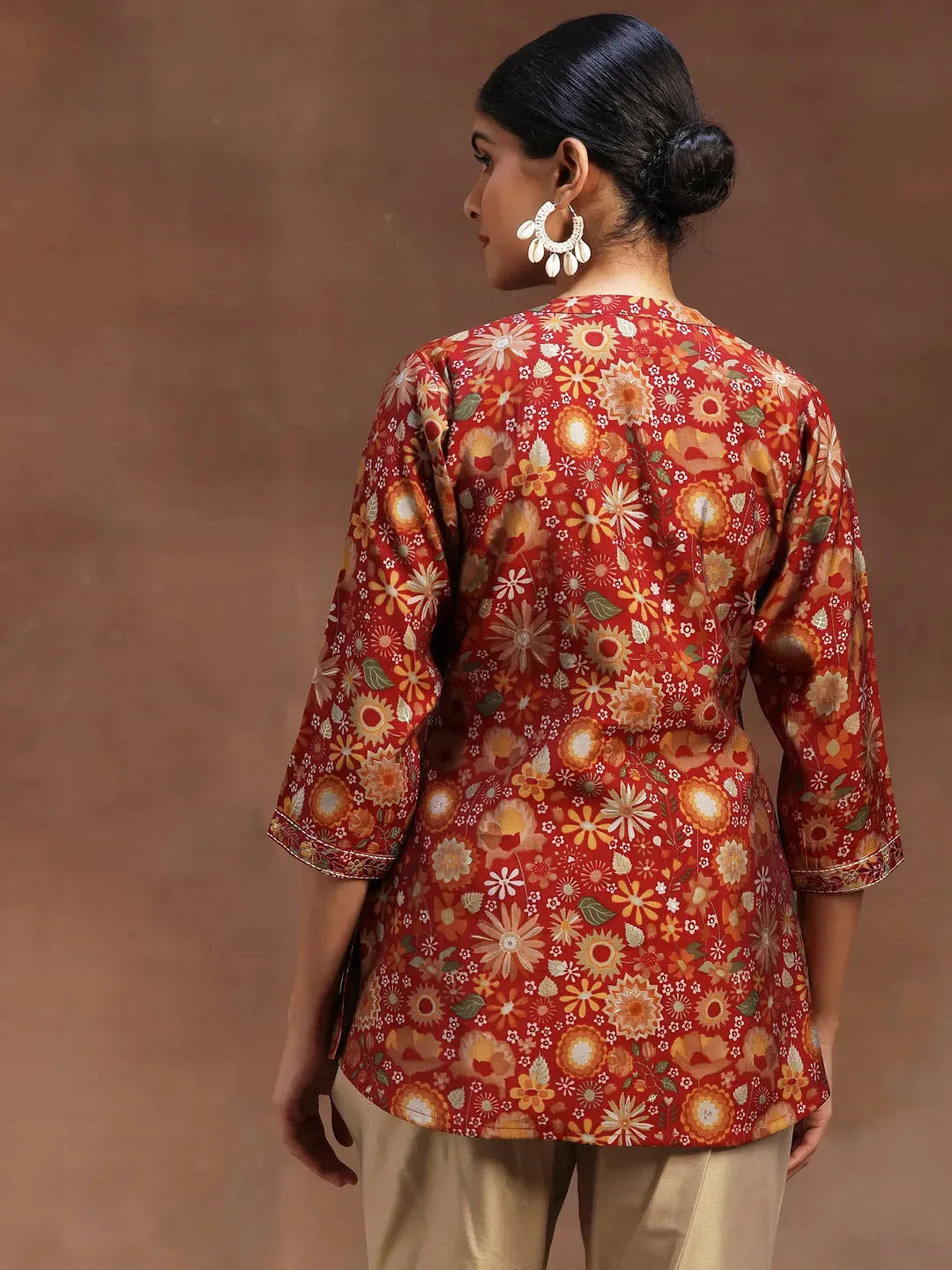 Red Printed Silk Blend A-Line Kurti