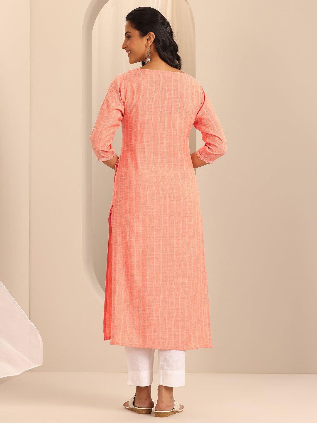 Peach Woven Design Cotton Straight Kurta