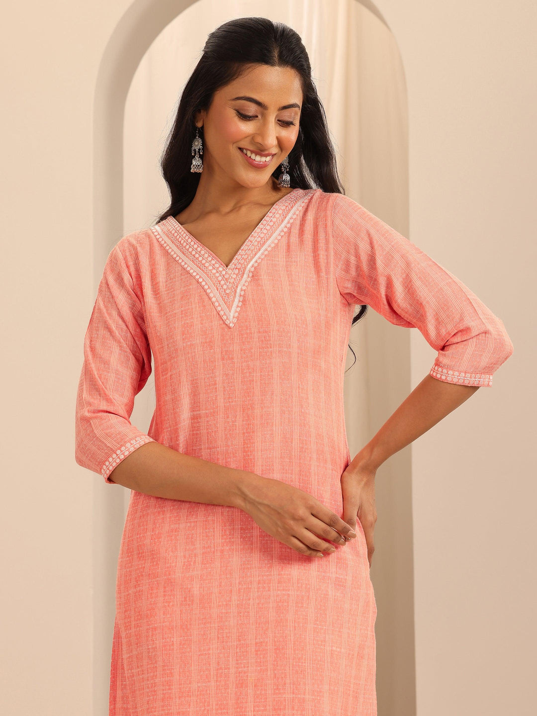 Peach Woven Design Cotton Straight Kurta