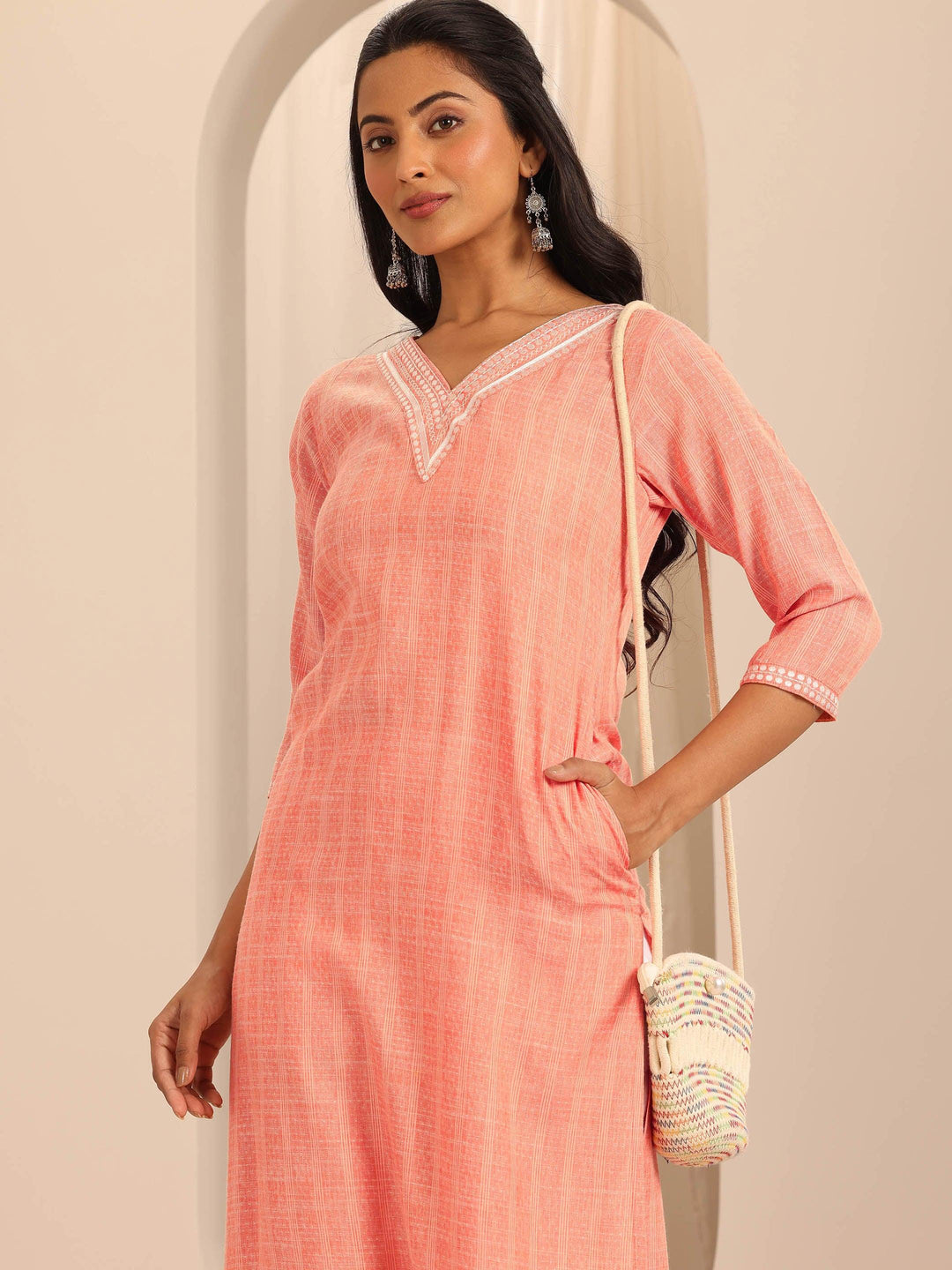 Peach Woven Design Cotton Straight Kurta