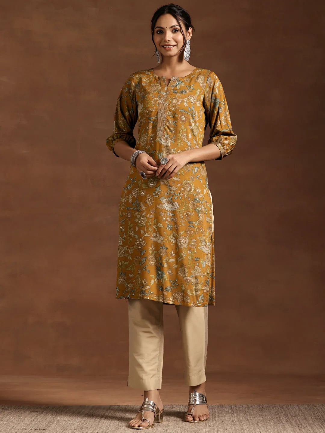 Mustard Printed Silk Straight Kurta