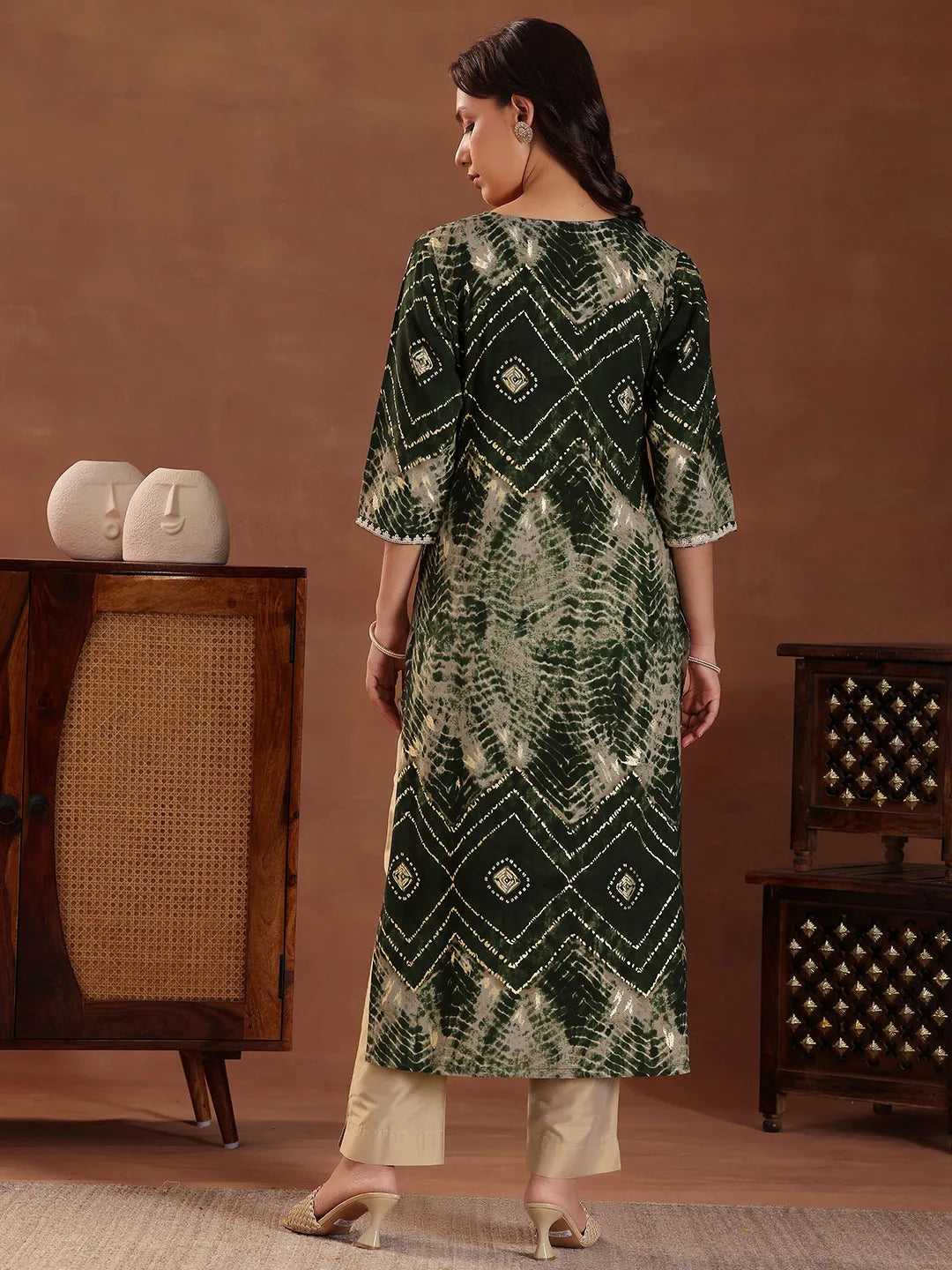 Green Printed Silk Straight Kurta