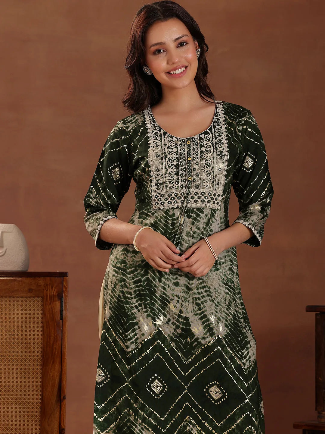 Green Printed Silk Straight Kurta
