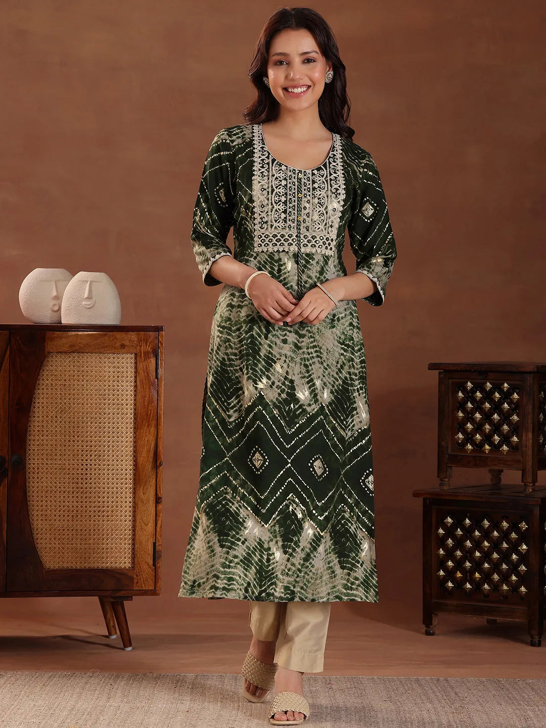Green Printed Silk Straight Kurta
