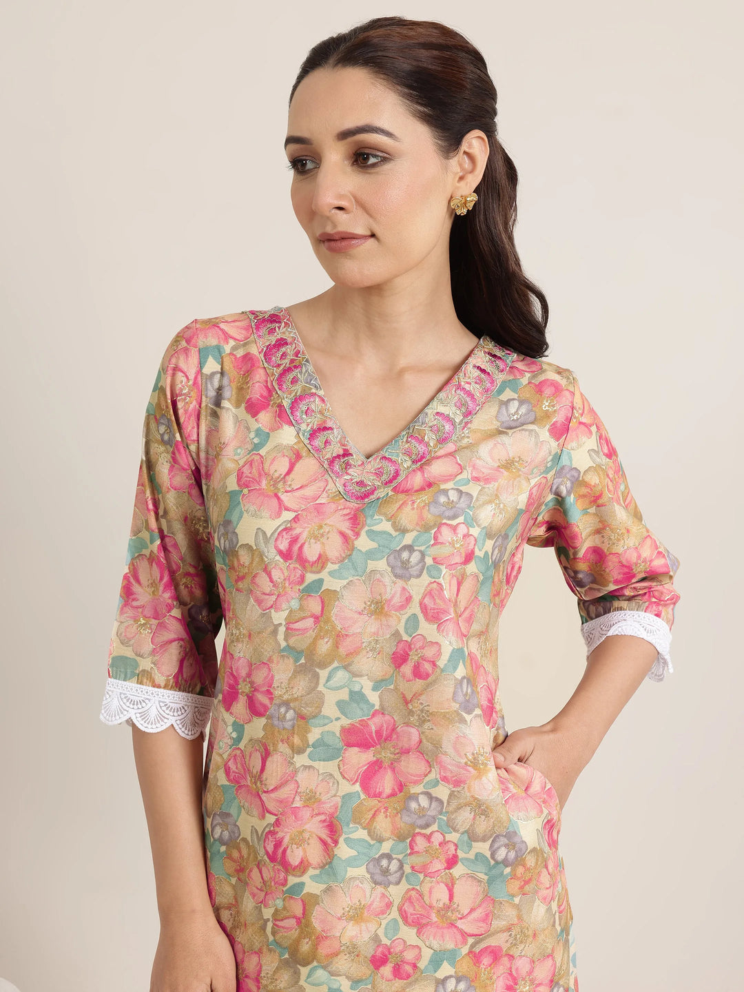 Pink Printed Silk Blend Straight Kurta