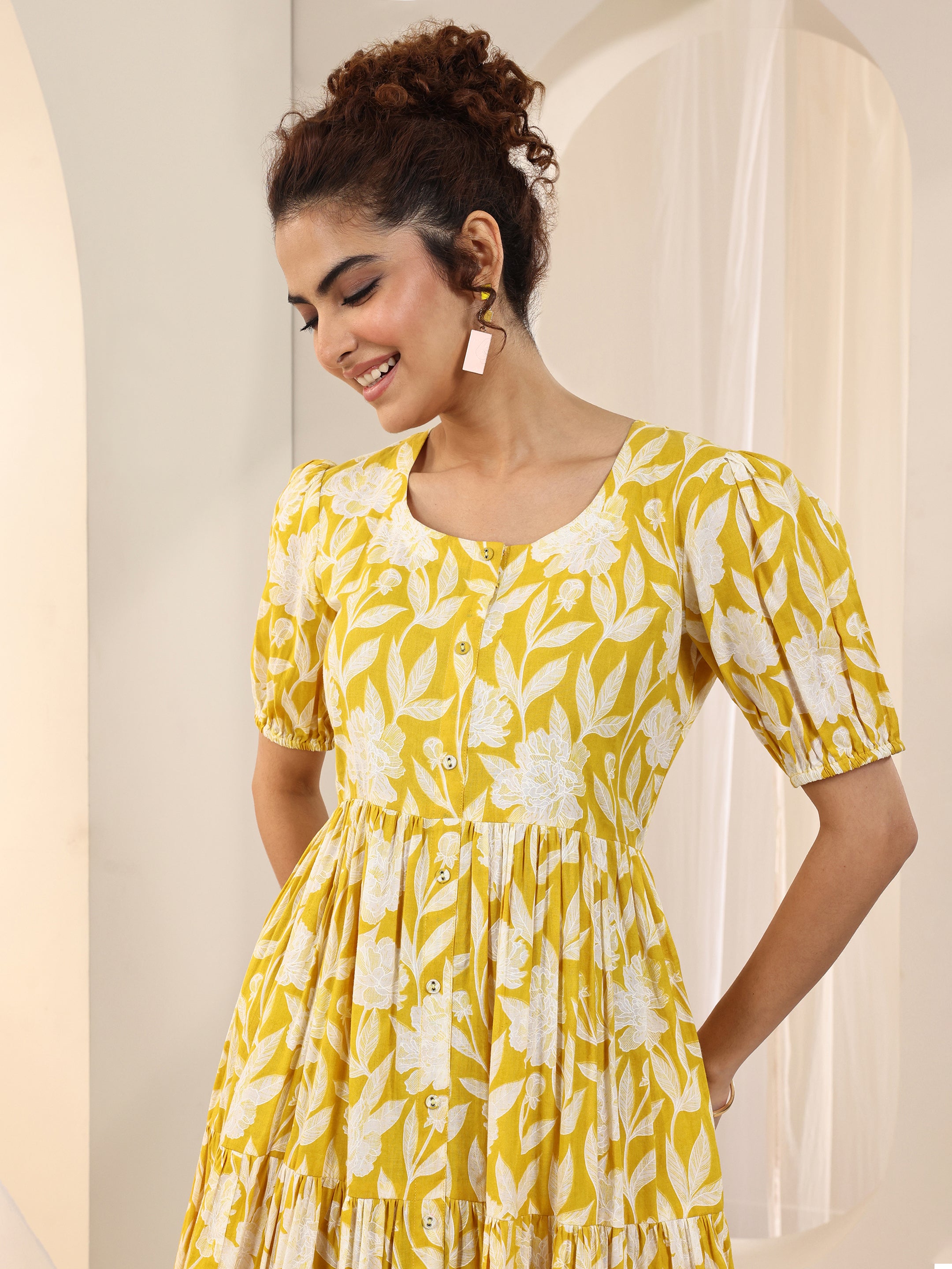Buy Yellow Printed Cotton Fit and Flare One Piece Dress Online at