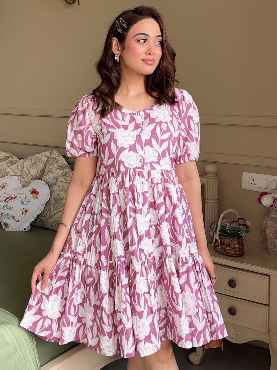 Buy Purple Printed Cotton Fit and Flare One Piece Dress Online at