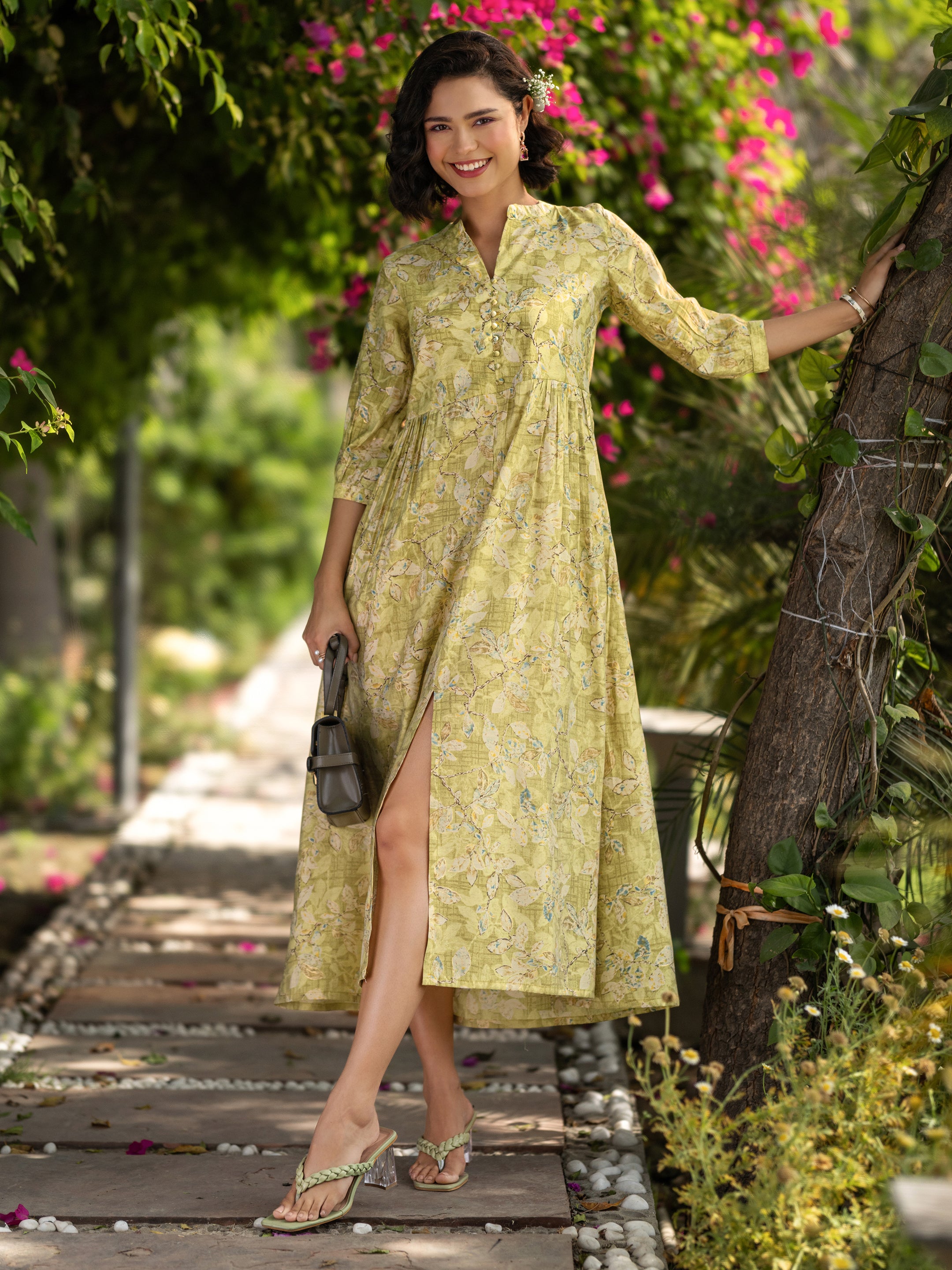 Buy Gerua Olive Printed Silk Blend A-Line One Piece Dress Online at Rs.539