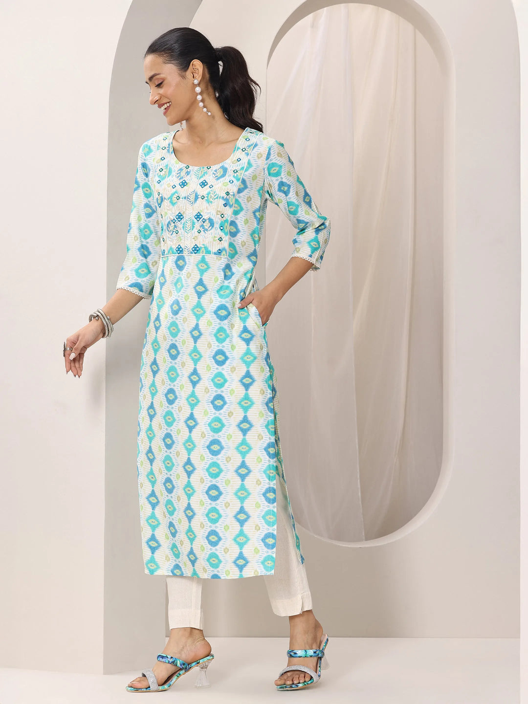 Blue Printed Silk Blend Straight Kurta