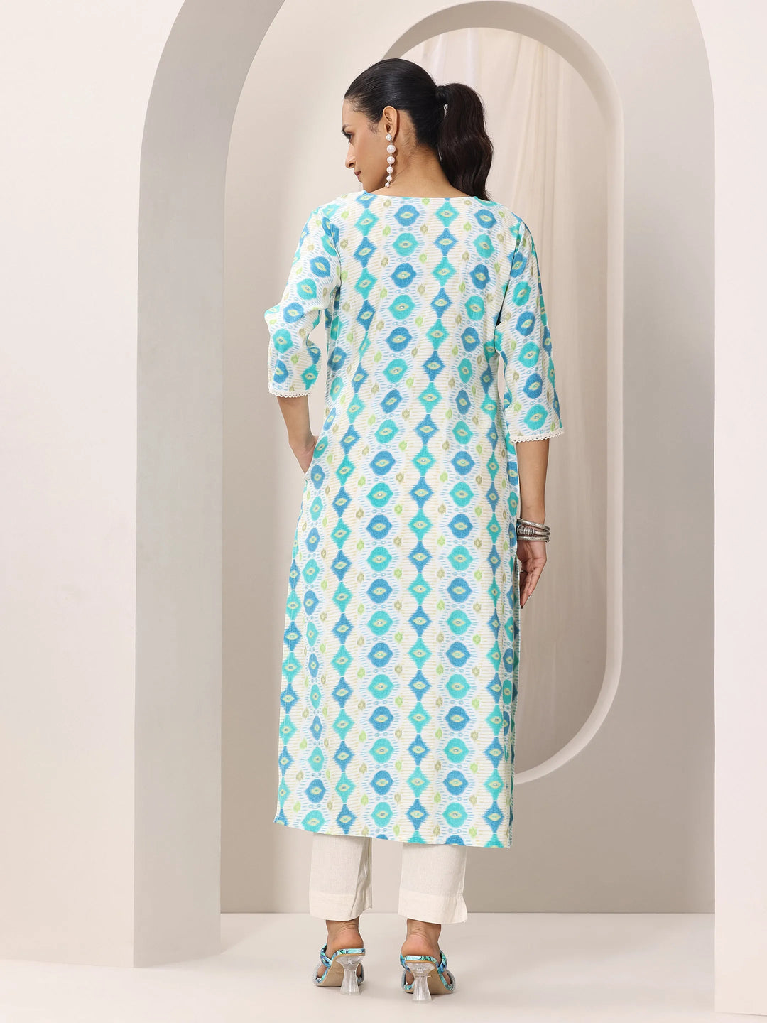 Blue Printed Silk Blend Straight Kurta
