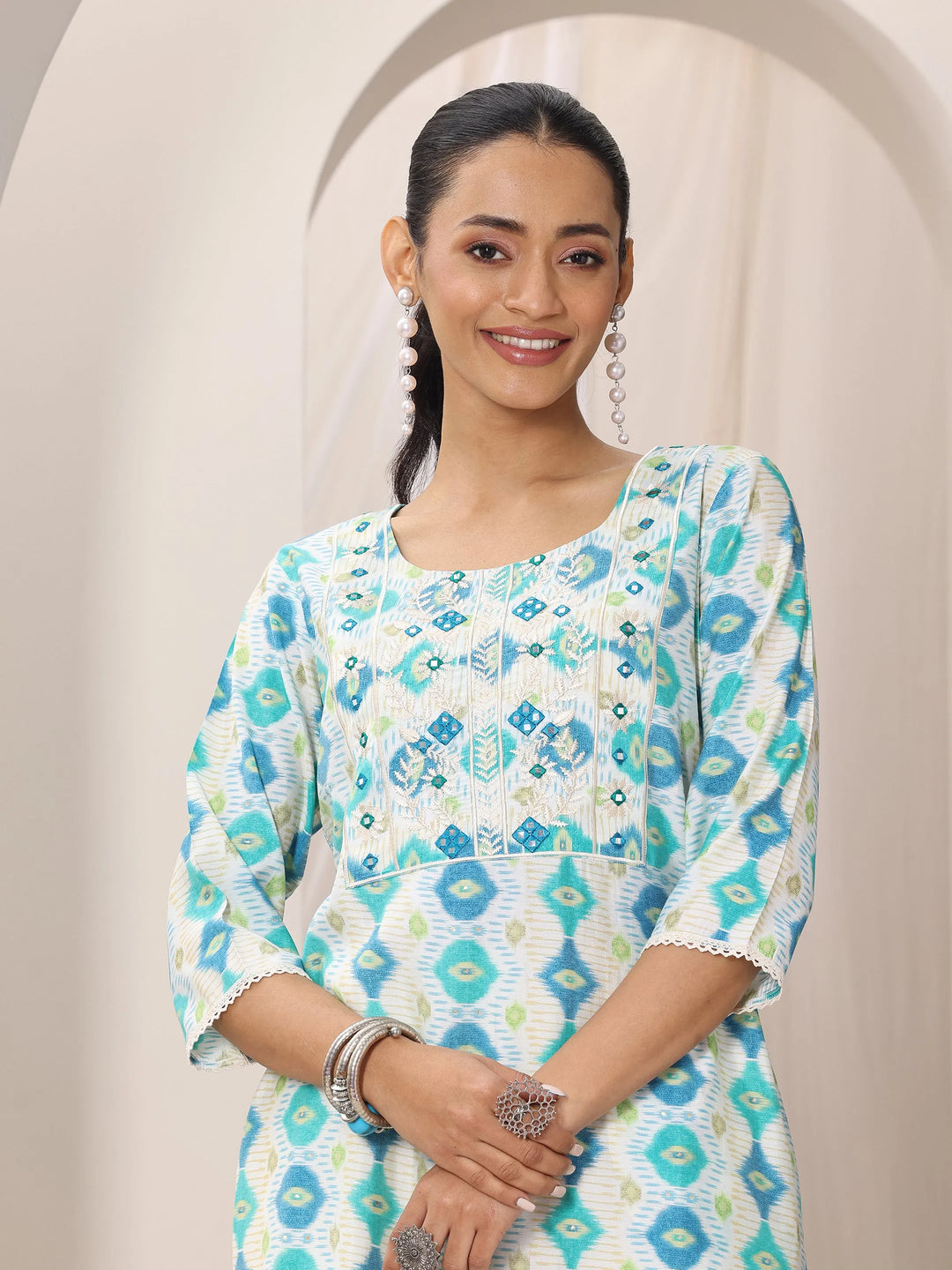 Blue Printed Silk Blend Straight Kurta