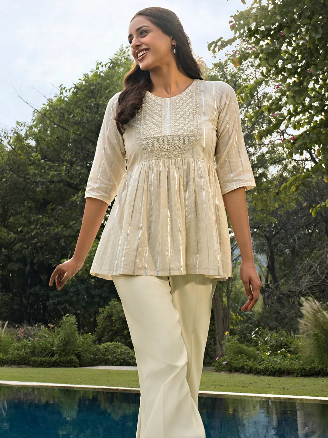 Buy Off White Printed Cotton Anarkali Short Kurti Online at