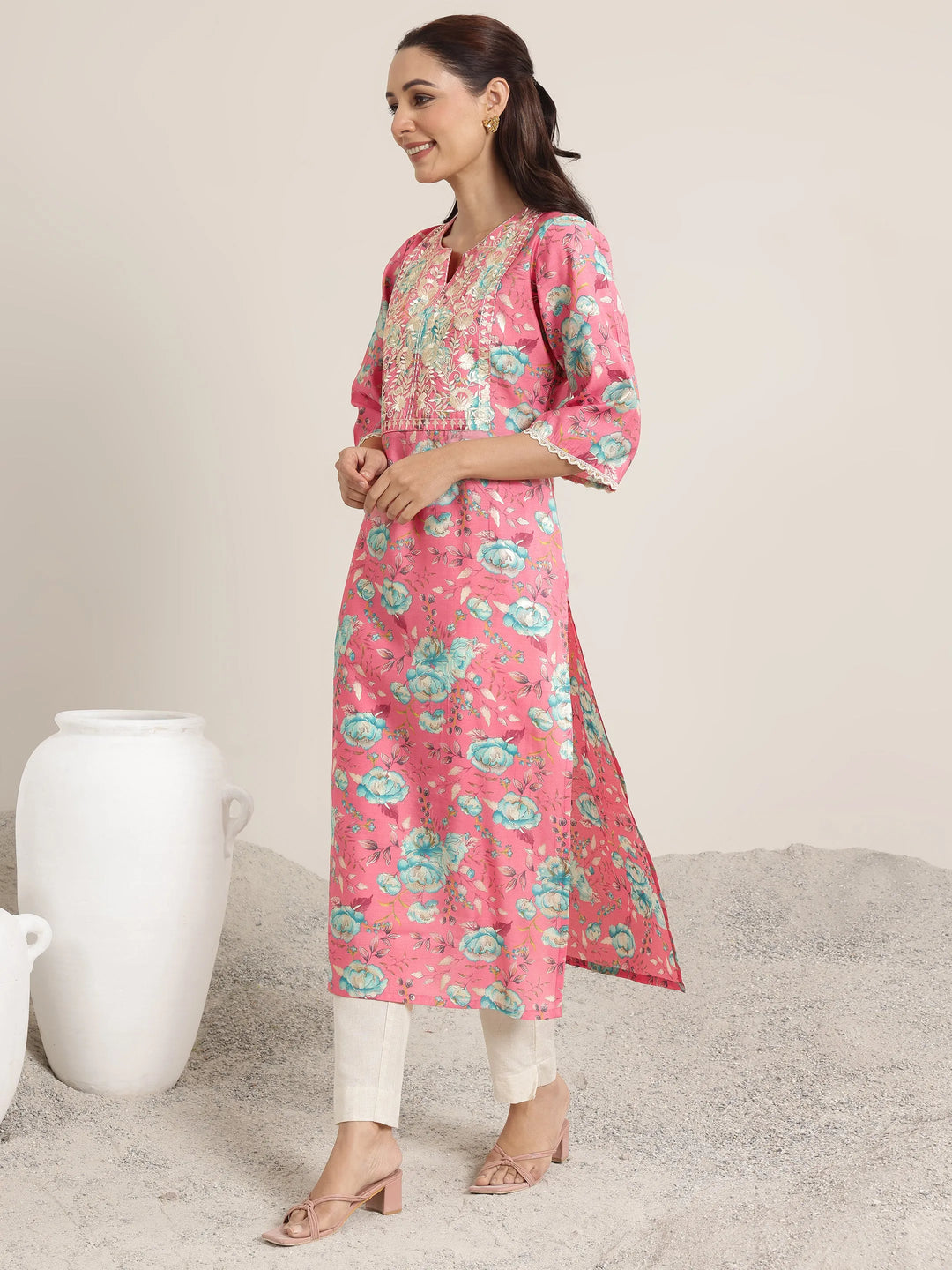 Pink Printed Silk Blend Straight Kurta