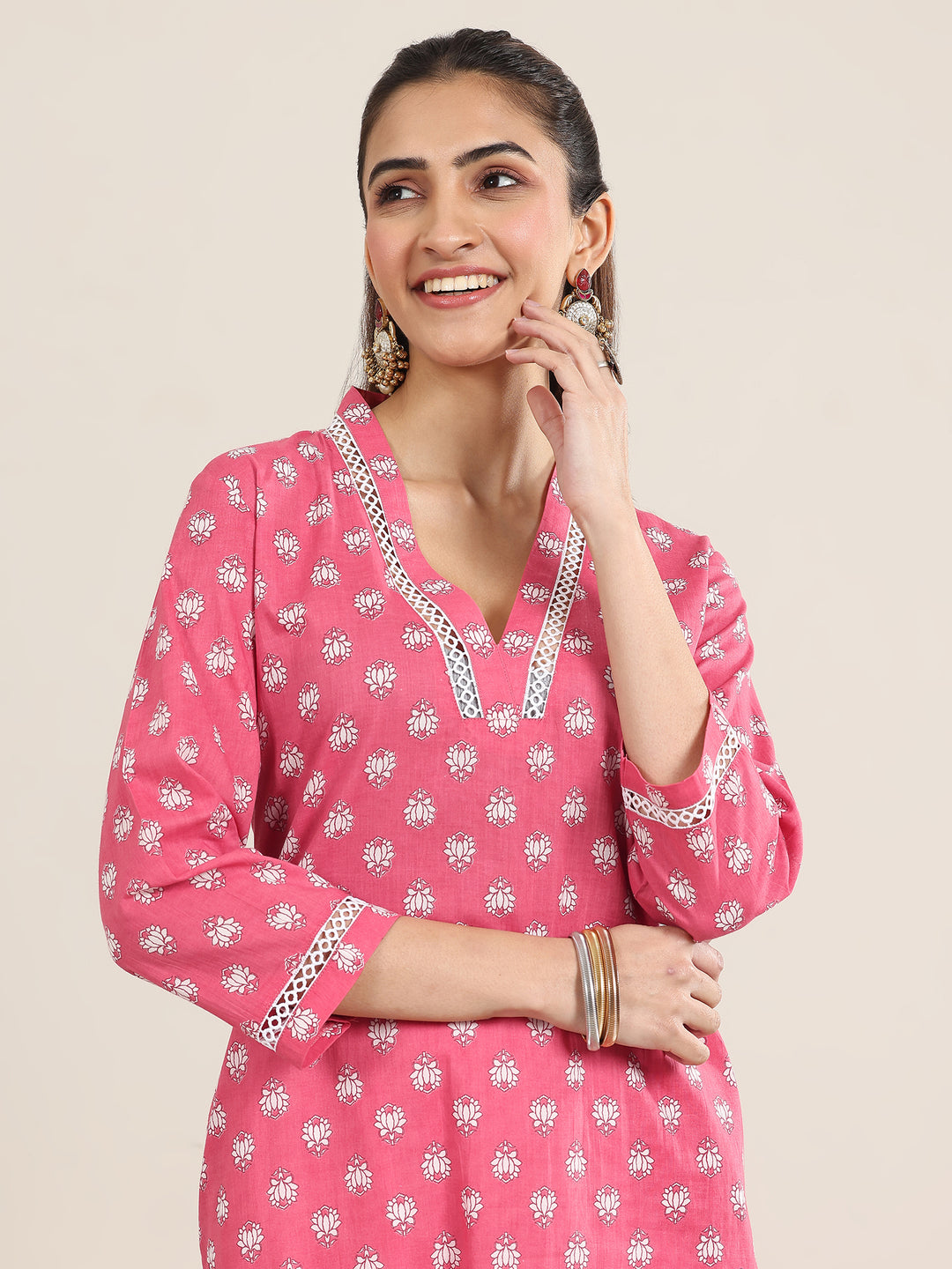 Pink Printed Cotton Straight Kurta