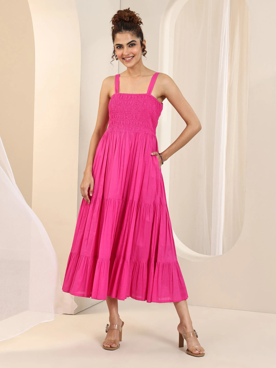 Pink Solid Cotton Tiered Fit and Flare One Piece Dress