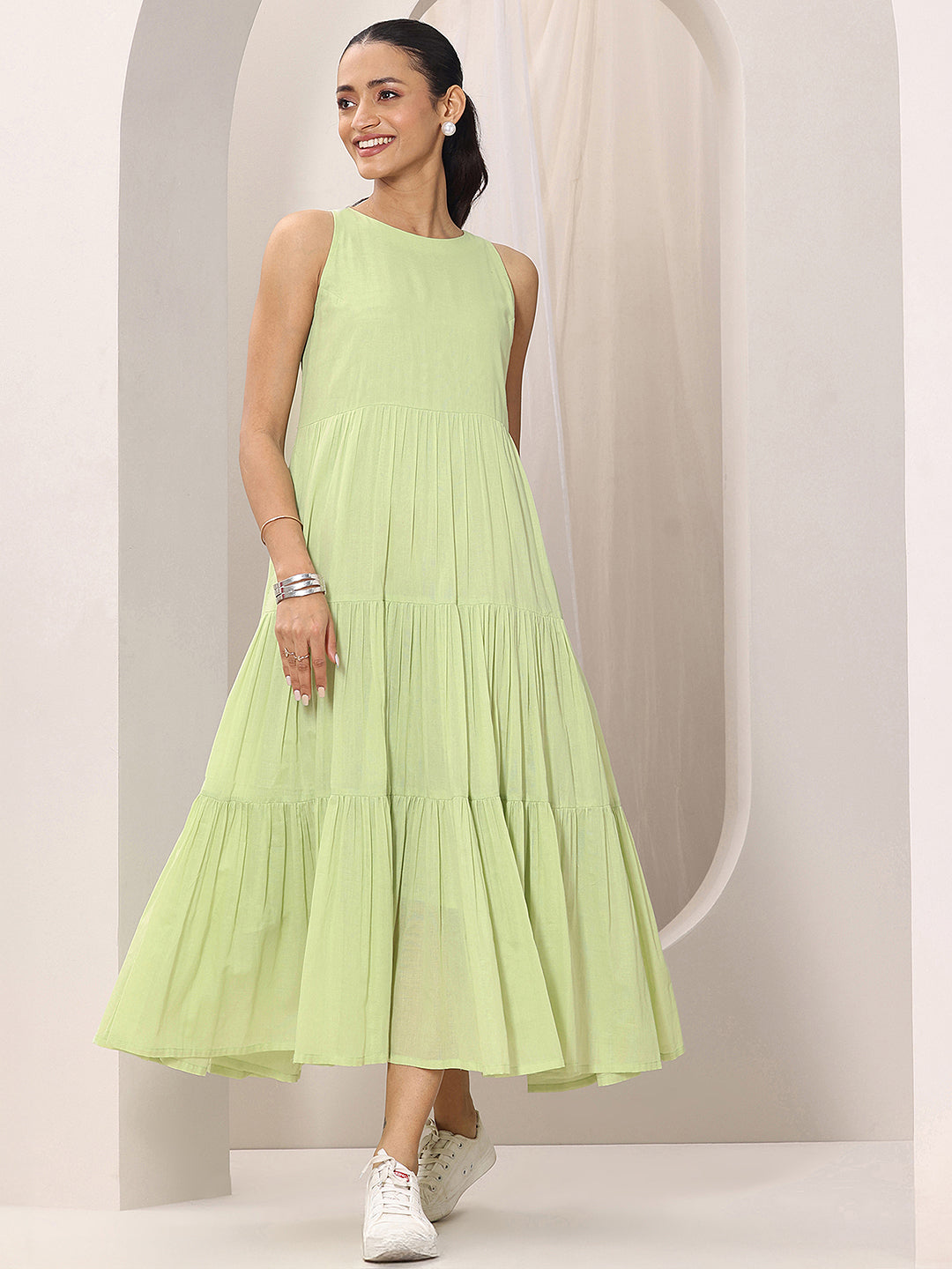 Green Solid Cotton Tiered Fit and Flare One Piece Dress