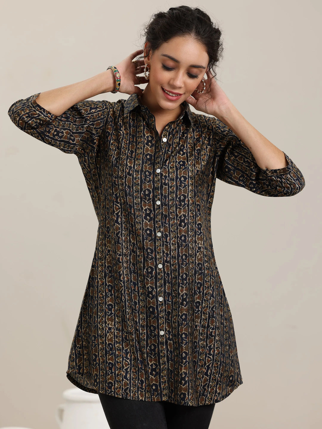 Blue Printed Silk Blend Straight Short Kurti