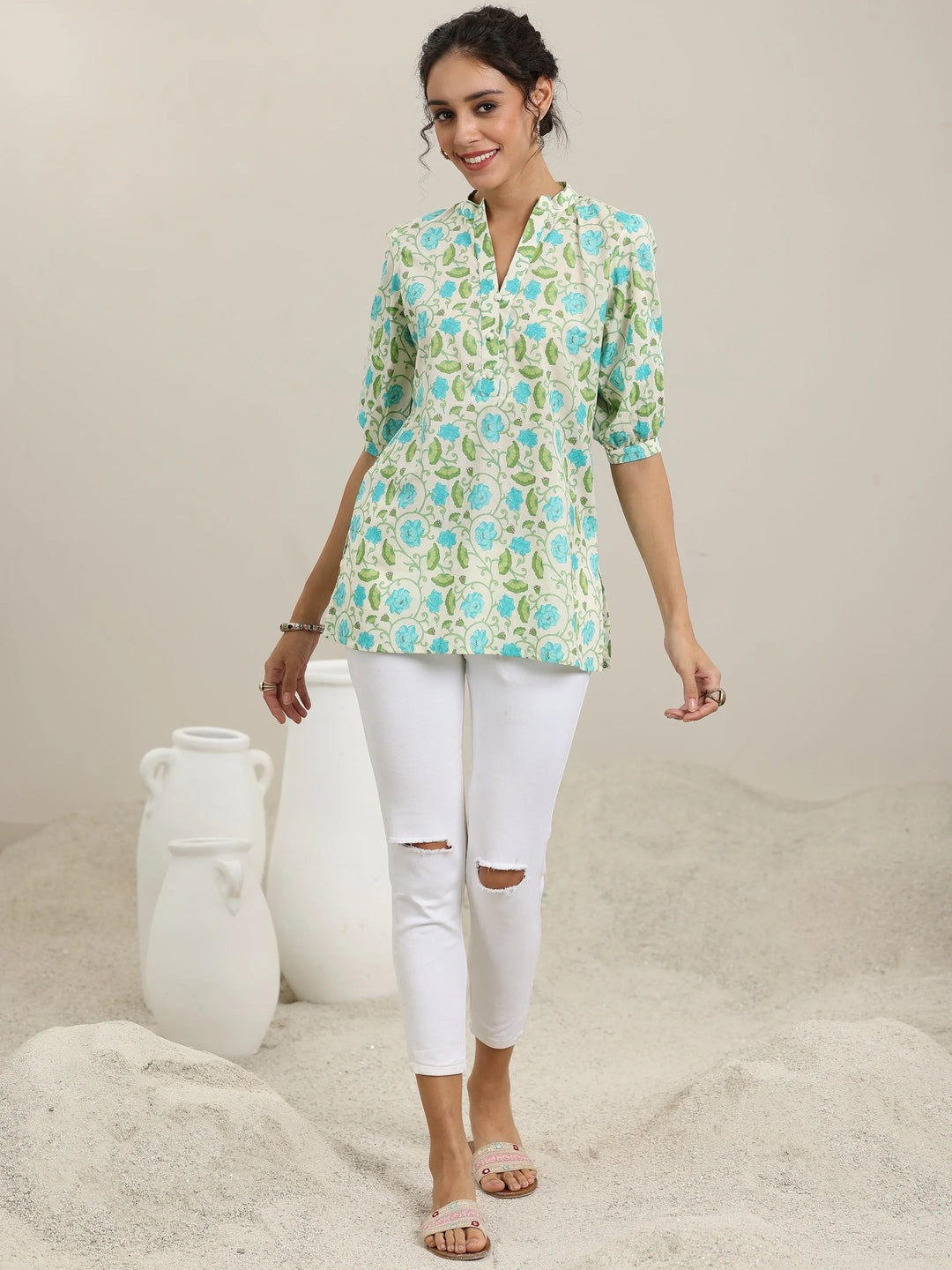 Off White Printed Cotton Straight Kurti