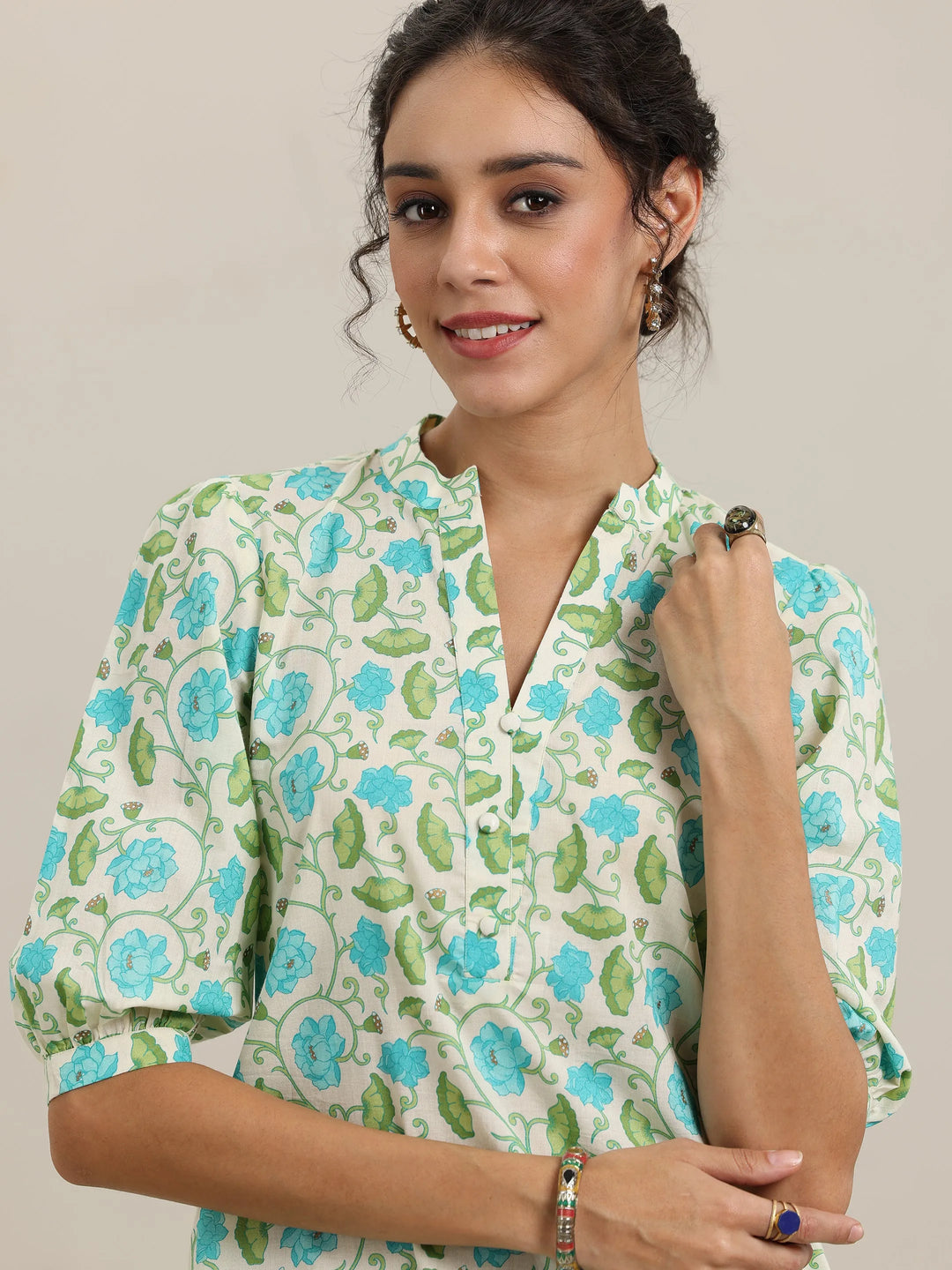 Off White Printed Cotton Straight Kurti