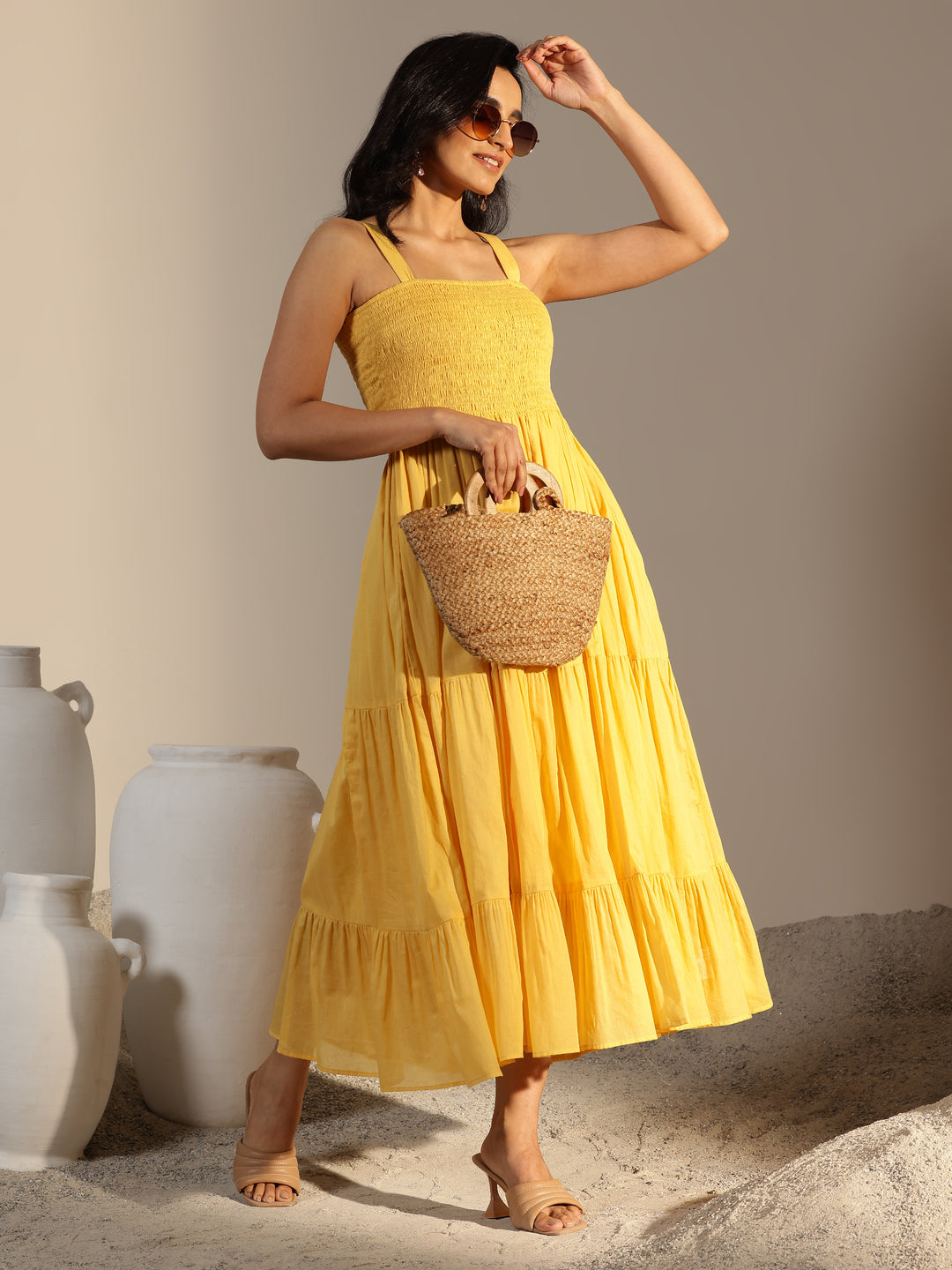 Mustard Solid Cotton Fit and Flare One Piece Dress