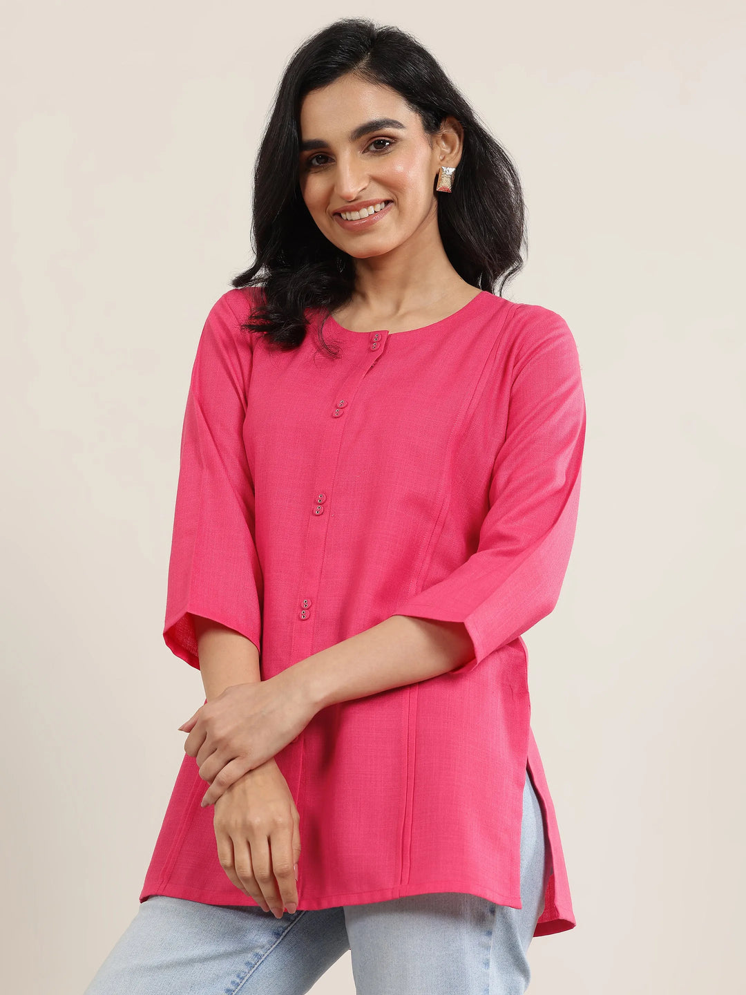 Pink Solid Cotton Blend Straight Short Kurti