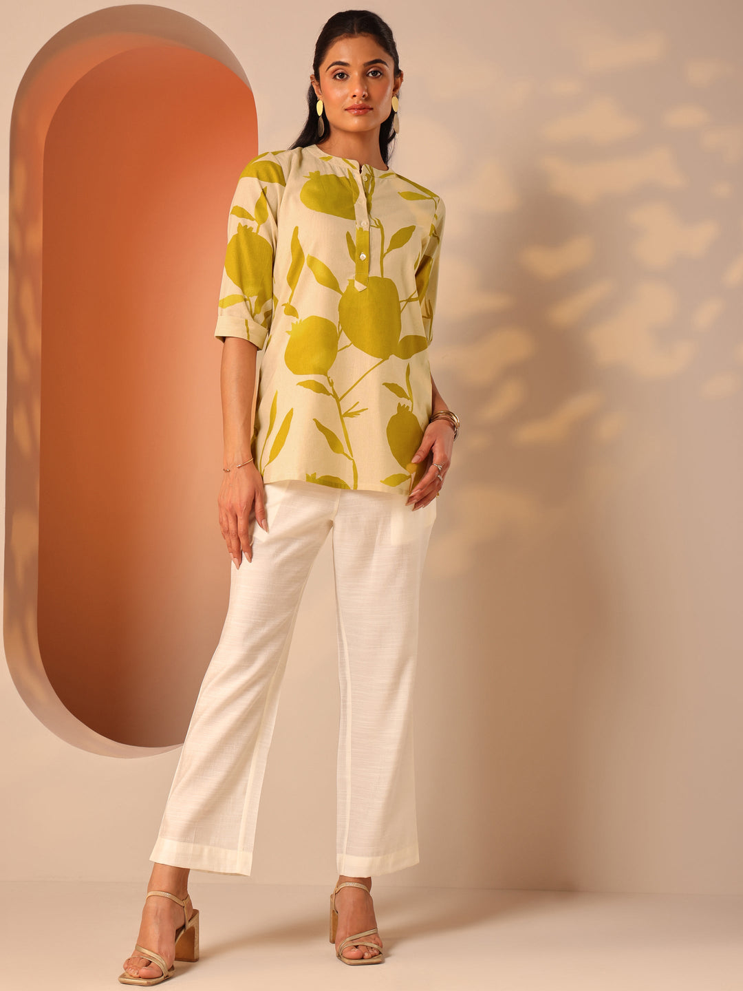 Off White Printed Cotton Straight Short Kurti