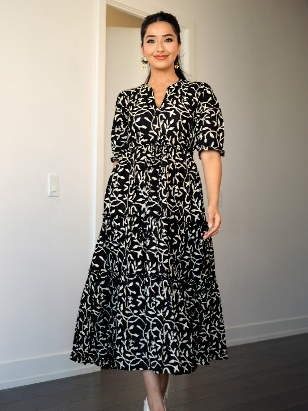 black white print dress Buy Black Printed Cotton Fit And Flare One Piece Dress Online at Rs.1175
