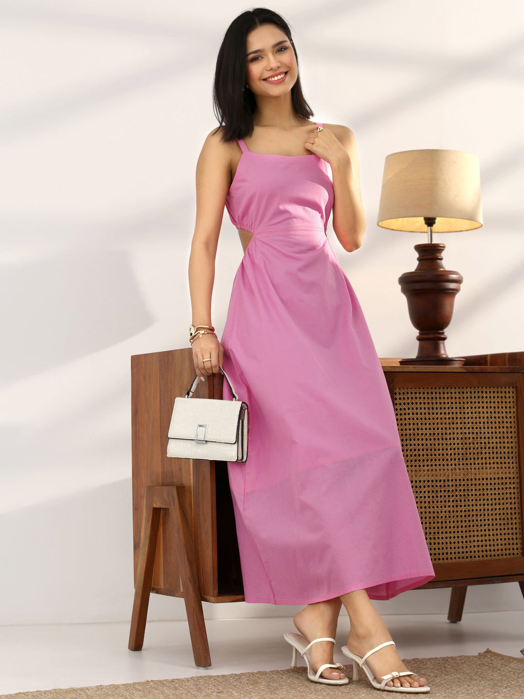 Pink Solid Cotton Cut Out Fit And Flare One Piece Dress