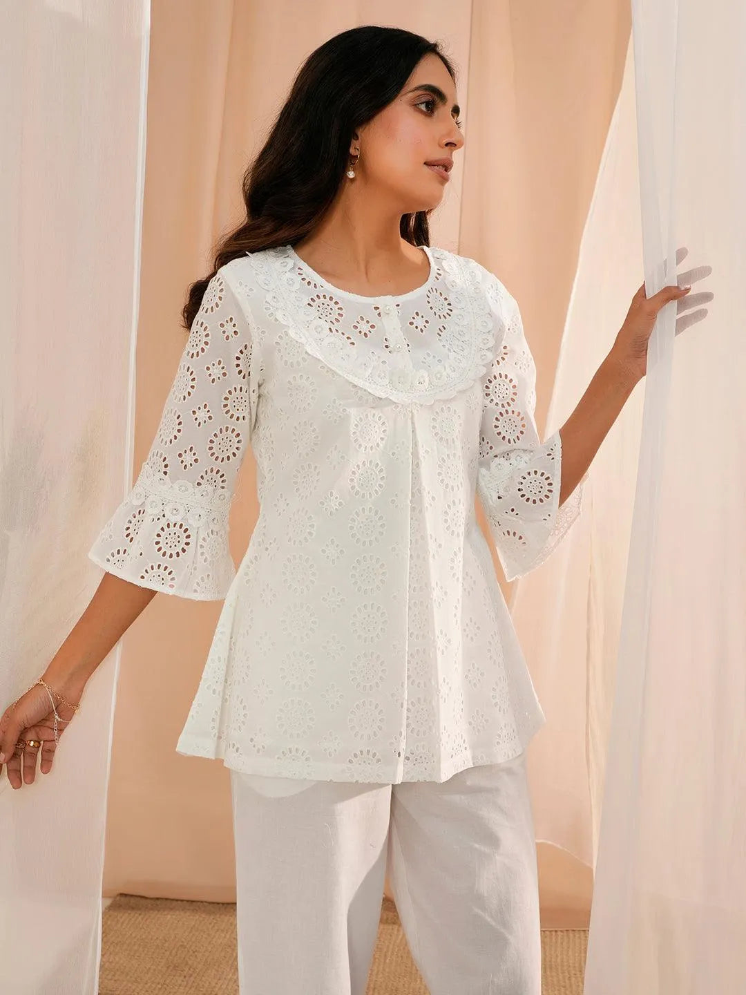 White Embroidered Cotton A-Line Kurti - Libas