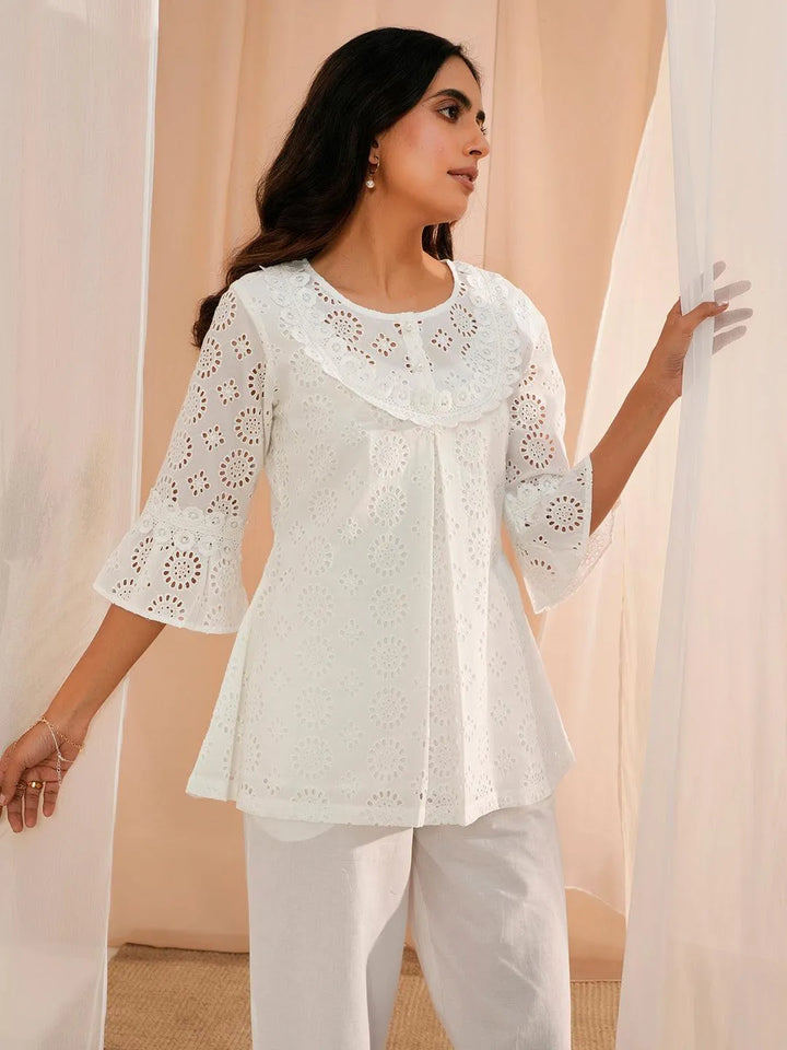 White Embroidered Cotton A-Line Kurti - Libas