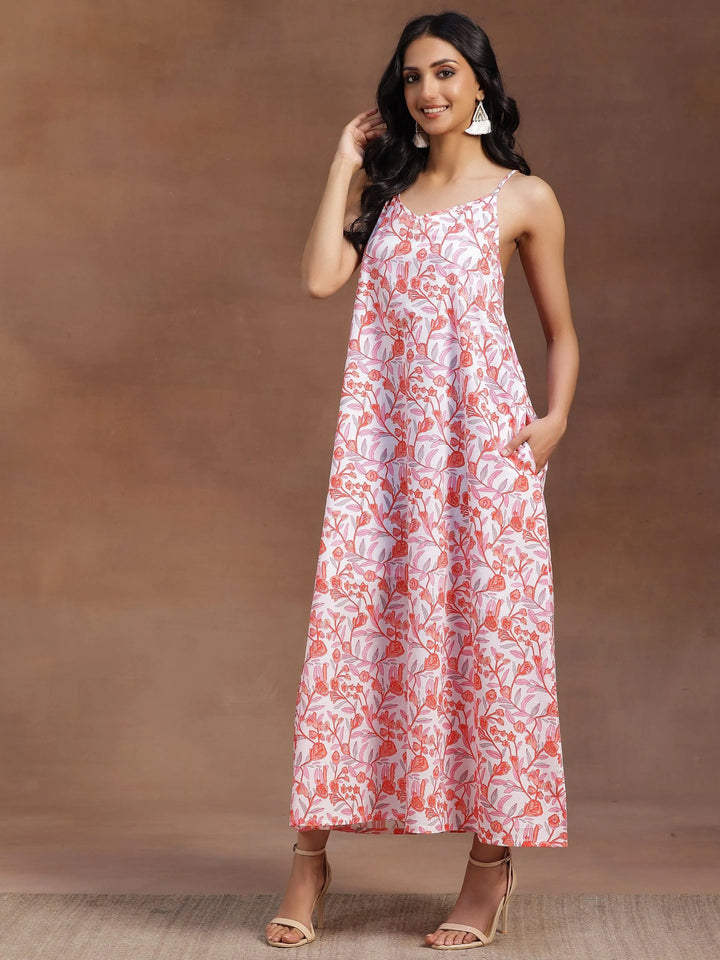 White Printed Cotton A-Line Dress - Libas