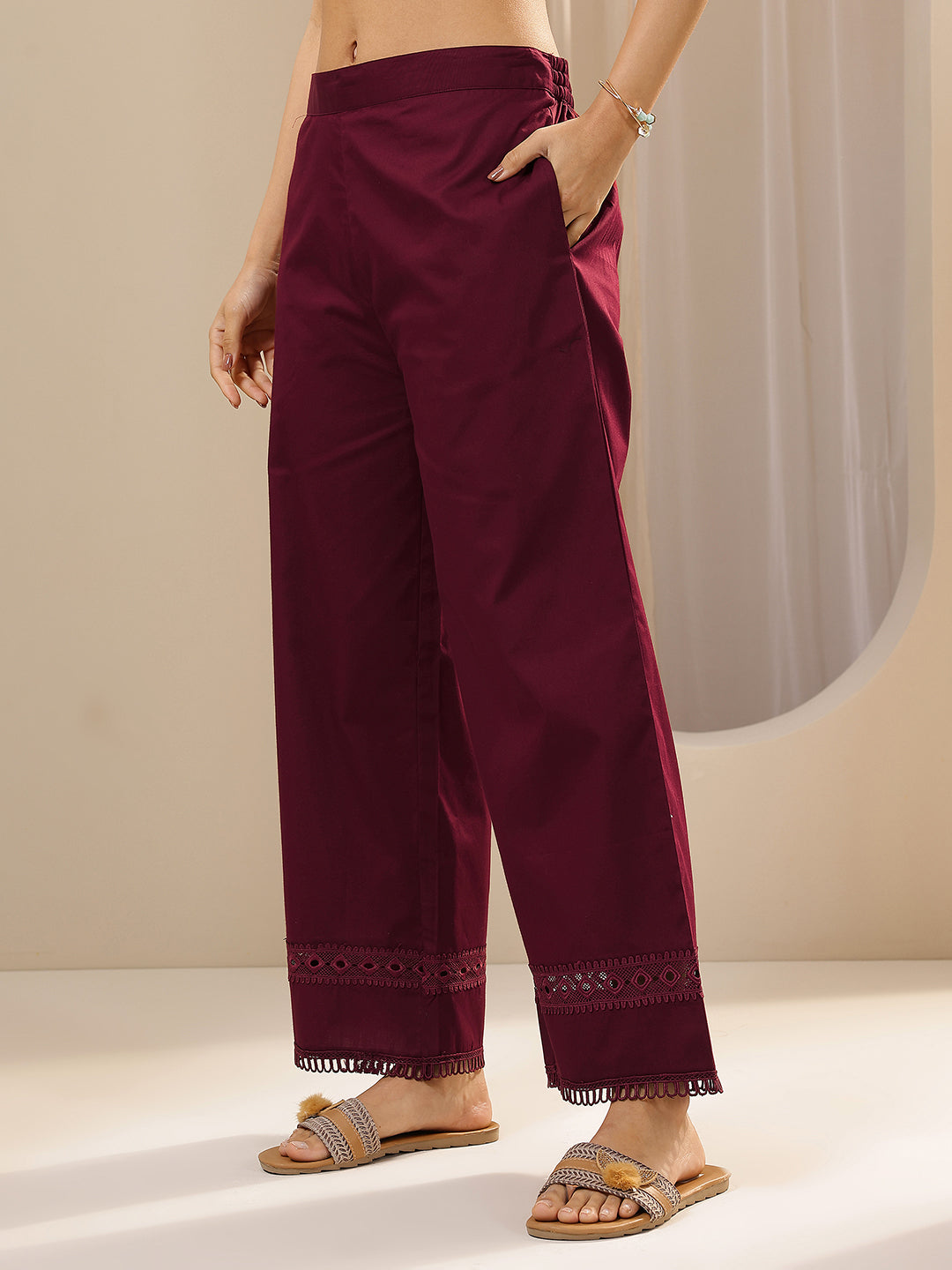 Maroon Solid Cotton Palazzos