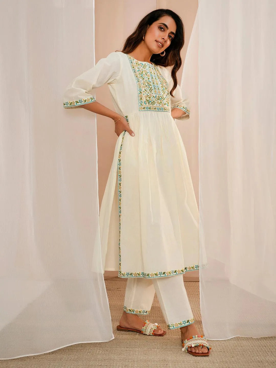 Off White Yoke Design Cotton A-Line Kurta With Palazzos & Dupatta - Libas