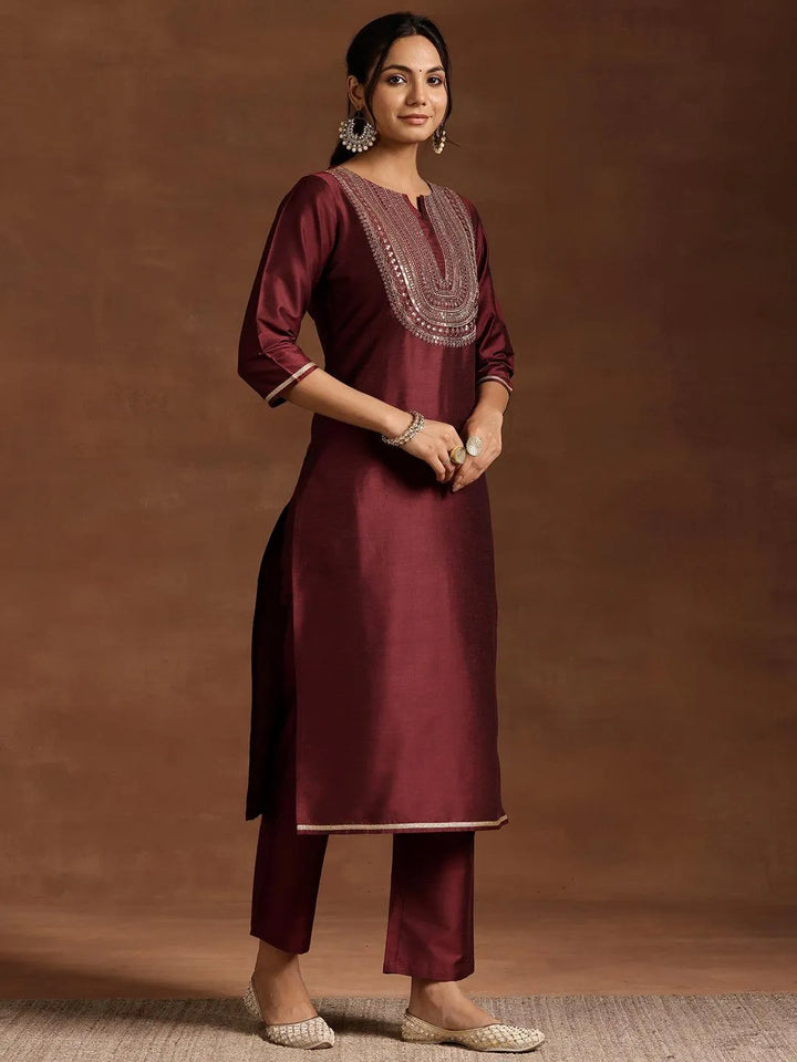 Maroon Yoke Design Silk Blend Straight Kurta Set - Libas