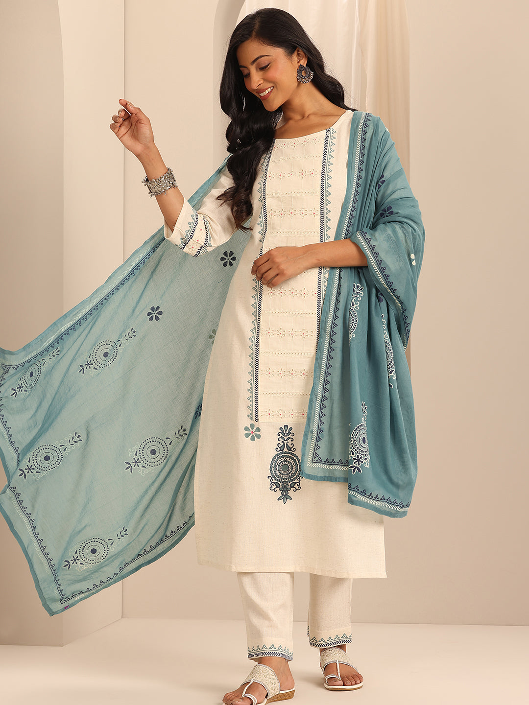 Off White Printed Cotton Blend Straight Suit Set With Dupatta