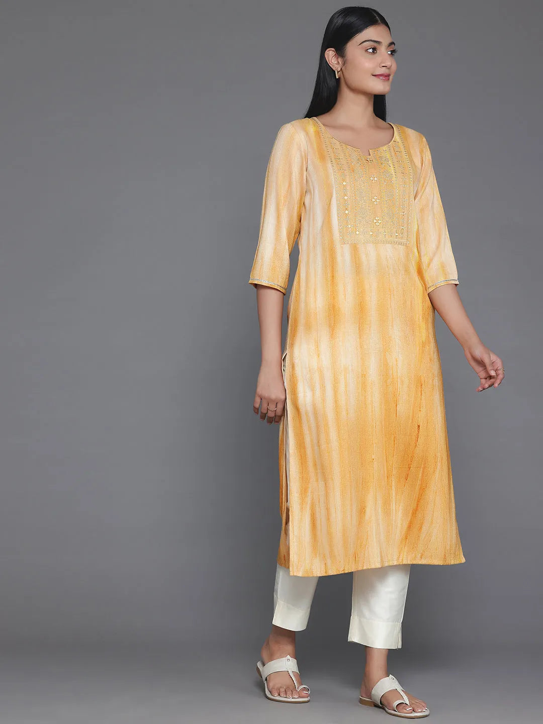 Yellow Yoke Design Cotton Straight Kurta