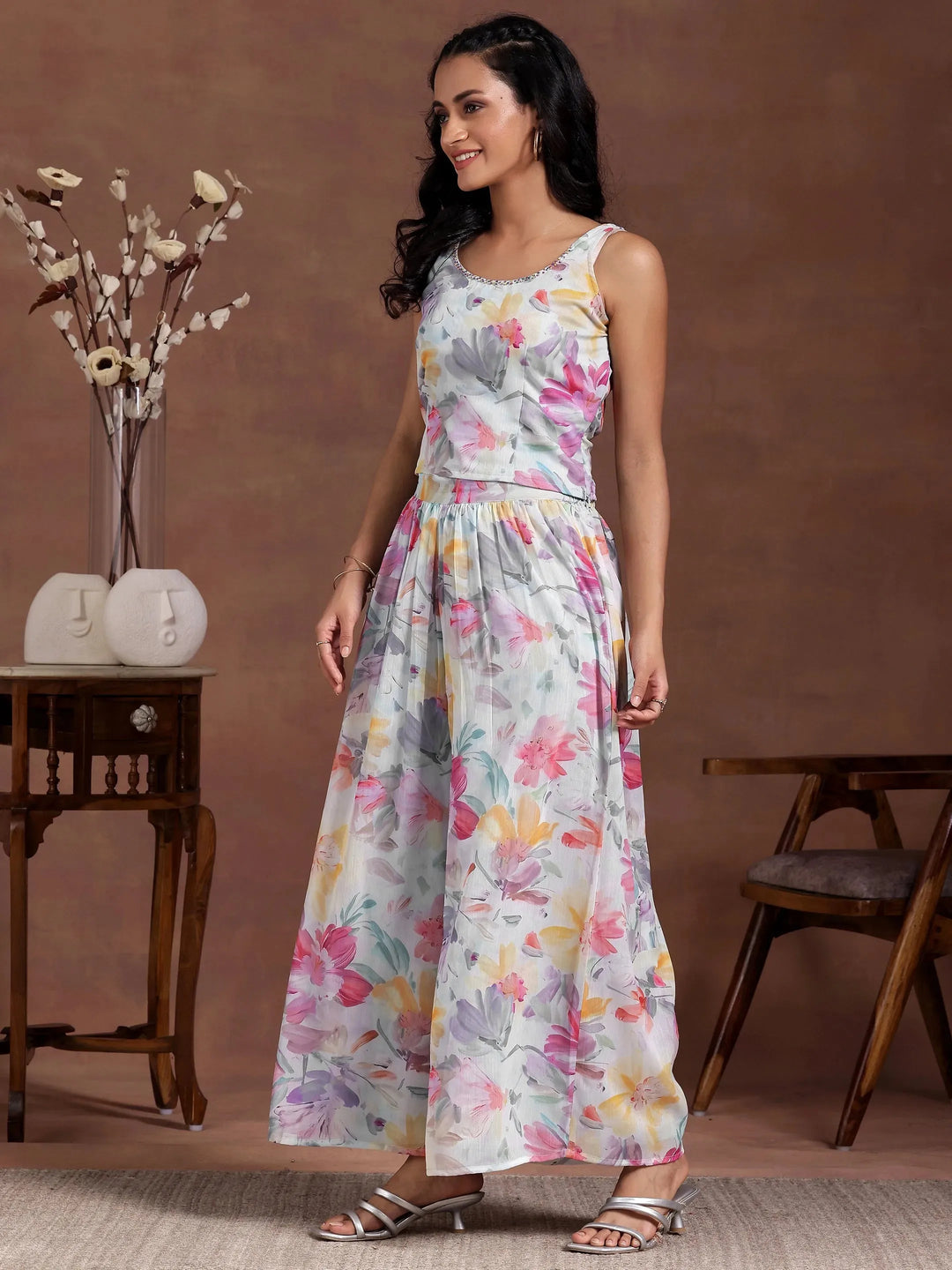 Blue Printed Chiffon 3 Piece Co-Ords